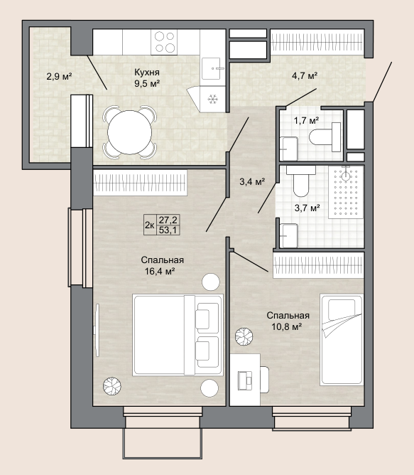 Двухкомнатная · 53,1 м²