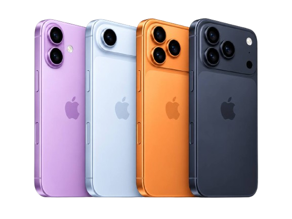 Чотири iPhone: фіолетовий, світло-блакитний, помаранчевий та темно-синій