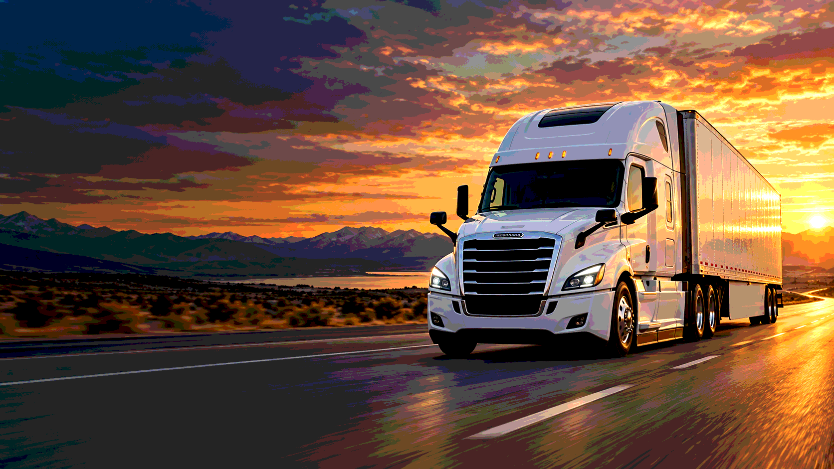 Modern white Freightliner semi truck on the highway