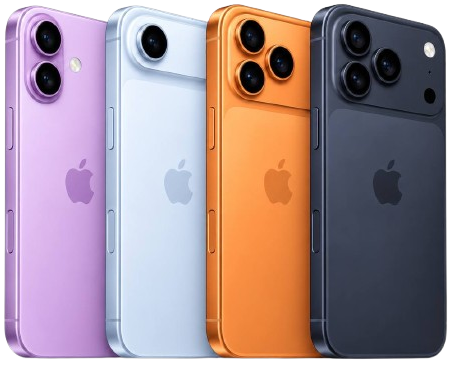 Чотири iPhone: фіолетовий, світло-блакитний, помаранчевий та темно-синій