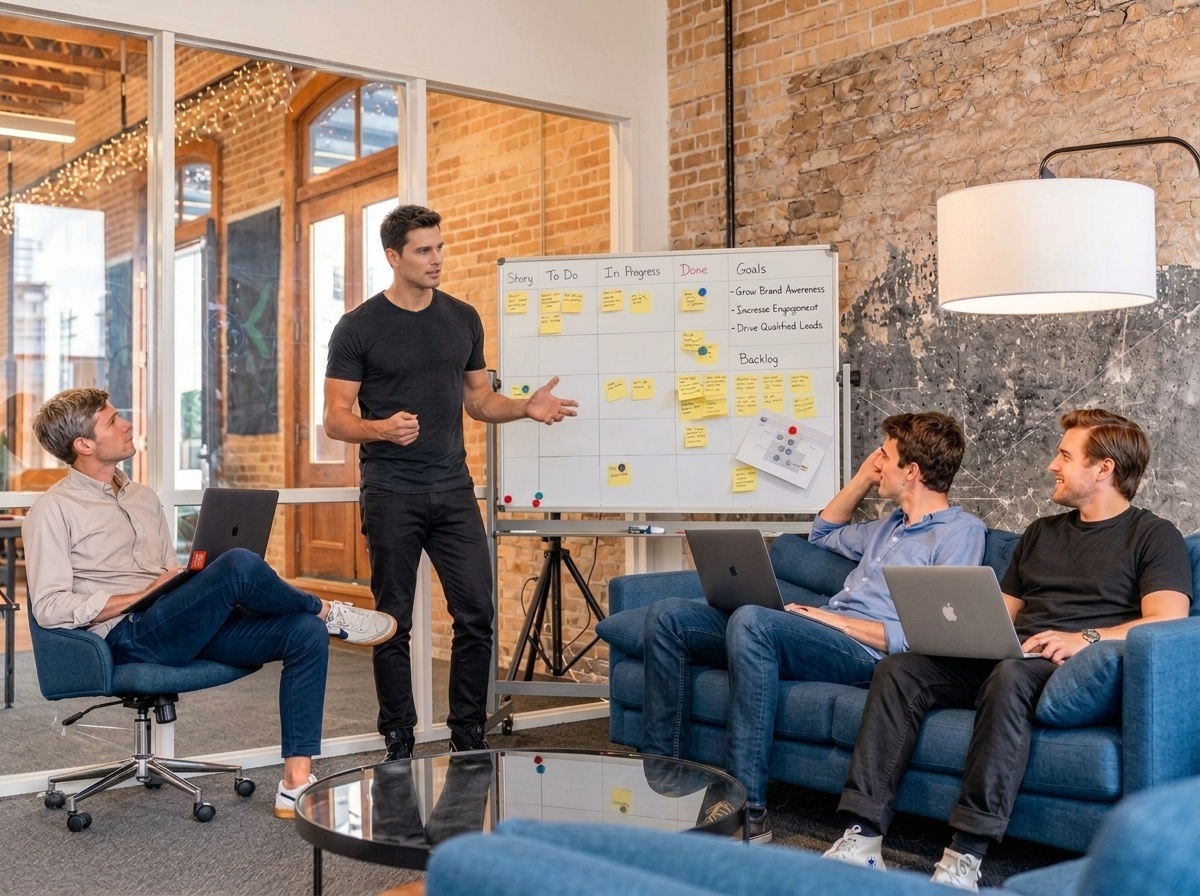 CLICK 11 team planning a campaign at the studio whiteboard