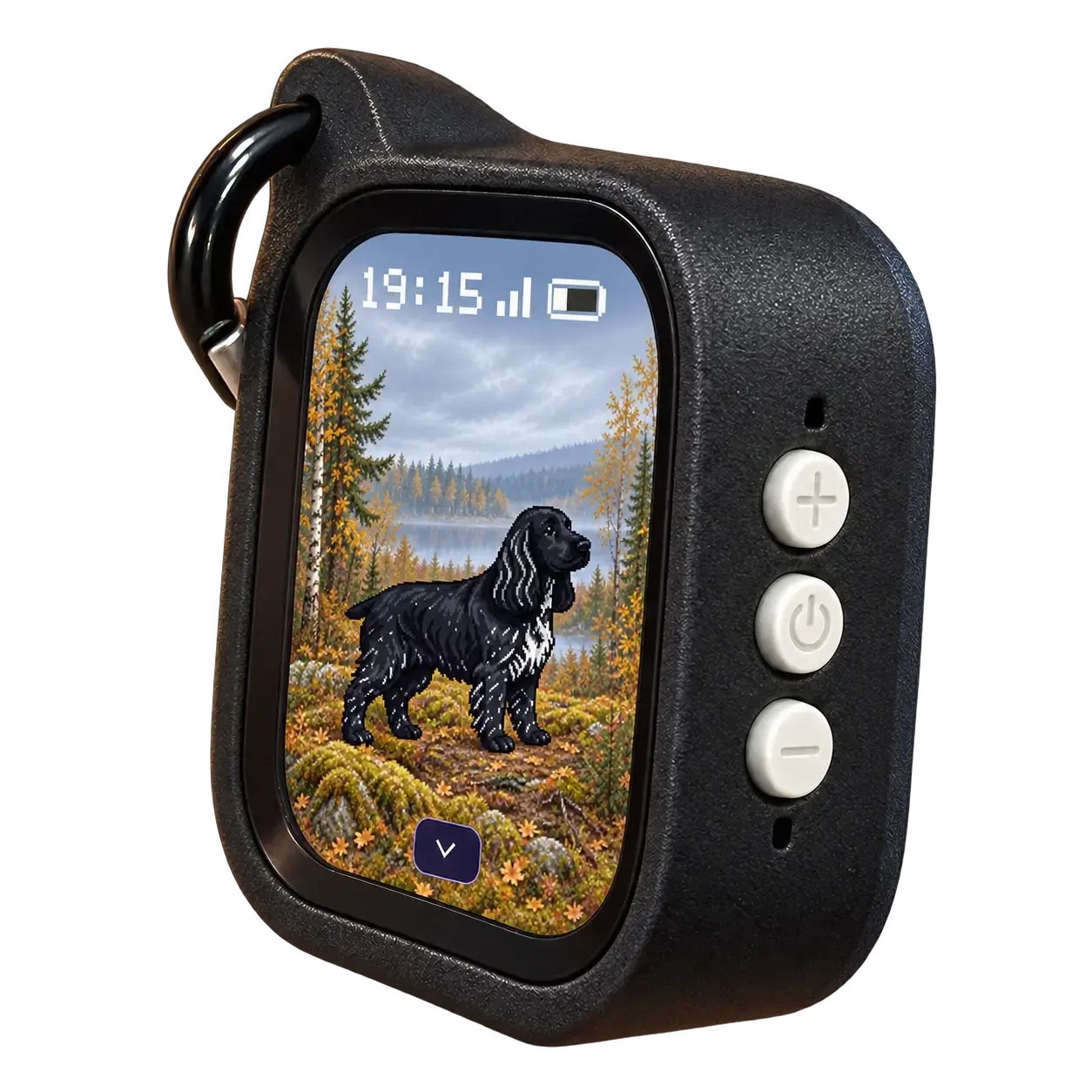 Black Kibi AI keychain with three side buttons and Larson the pixel dog on its screen