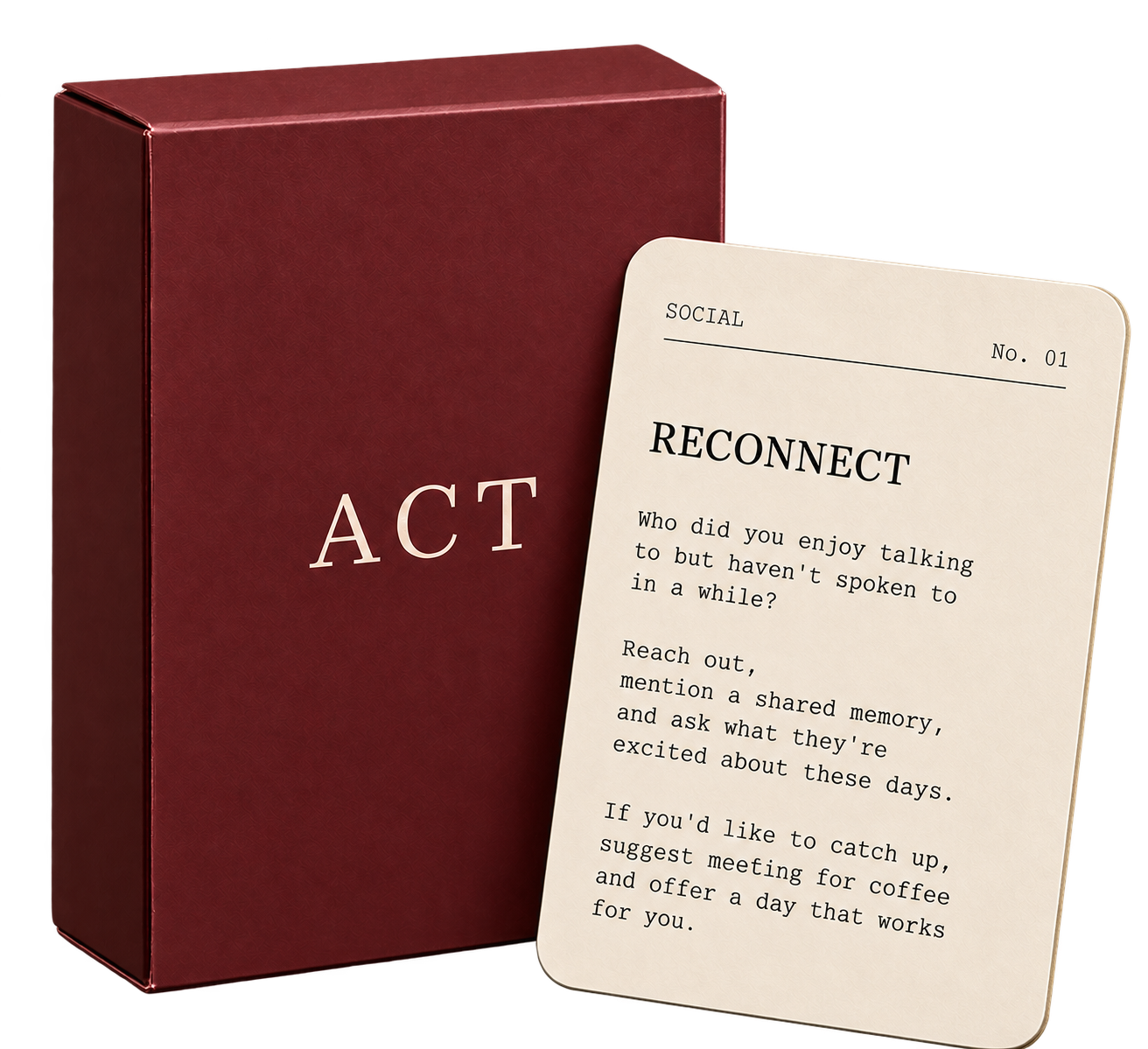 A deep burgundy ACT card deck box with a cream Networking sample card reading RECONNECT leaning against its lower-right corner.