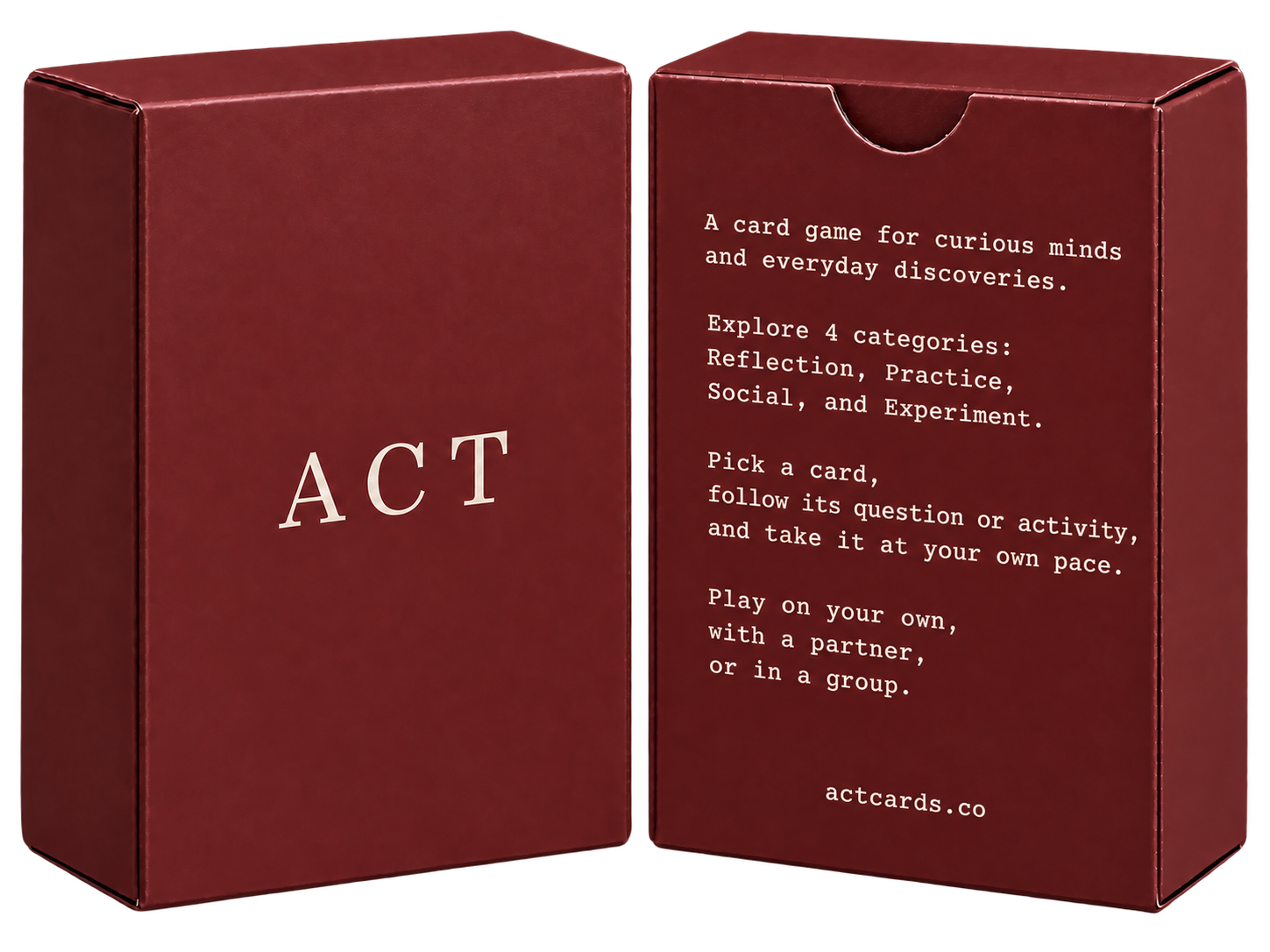 Front and back of the deep burgundy ACT card deck box shown together: front with the ACT wordmark, back with the description and actcards.co.