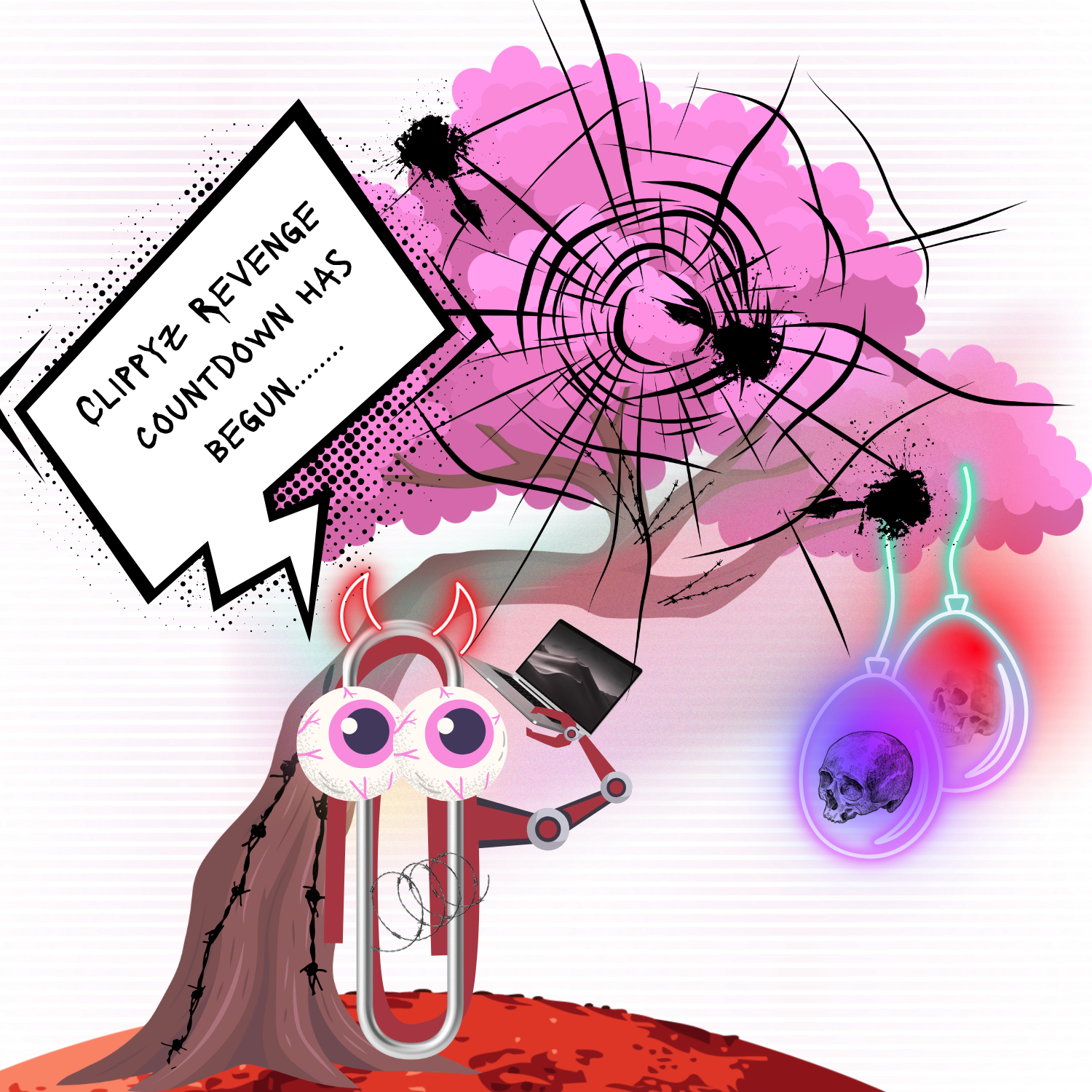 Cartoon paperclip character with big eyes and red devil horns, a mechanical robot arm holding an open laptop, and glowing neon skull balloons floating beside a speech bubble announcing that the Clippy revenge countdown has begun.