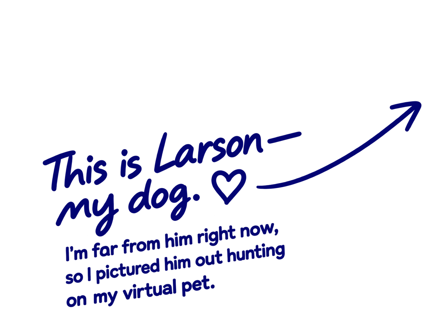 This is Larson, my dog. I am far away from him right now, but I pictured him out hunting on my virtual pet.