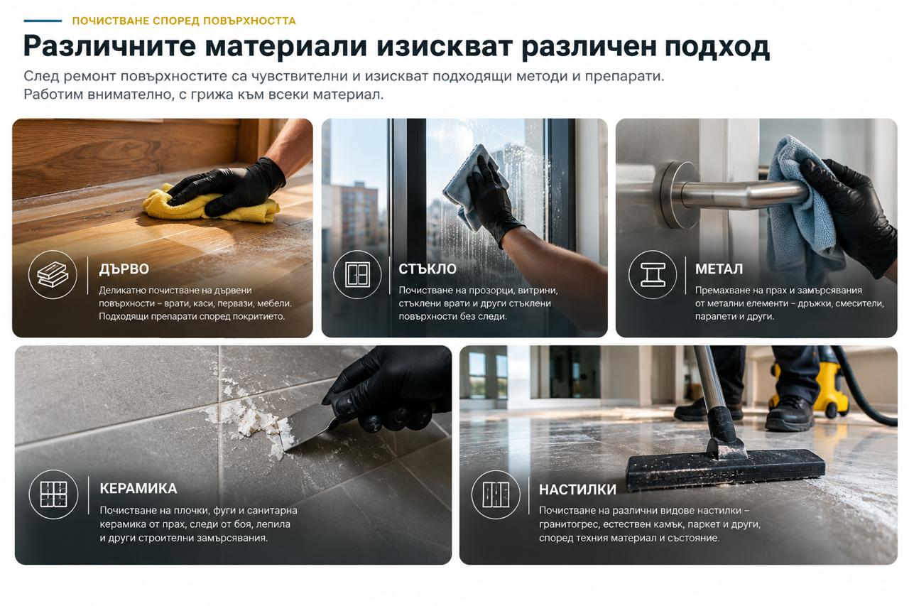 Професионално почистване на различни повърхности след ремонт