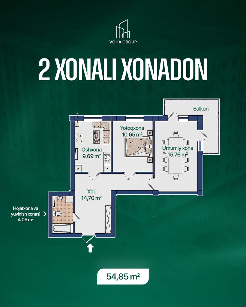 2 xonali xonadon, 54,85 m2