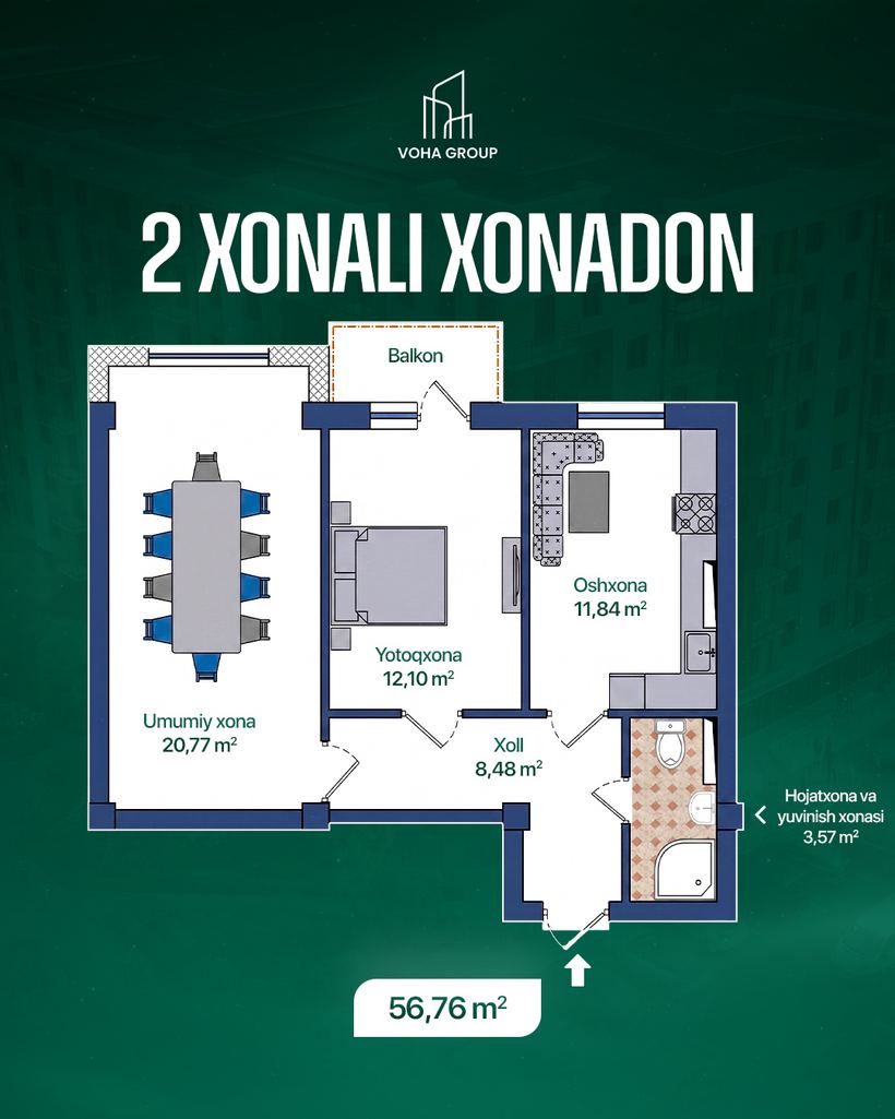 2 xonali xonadon, 56,76 m2