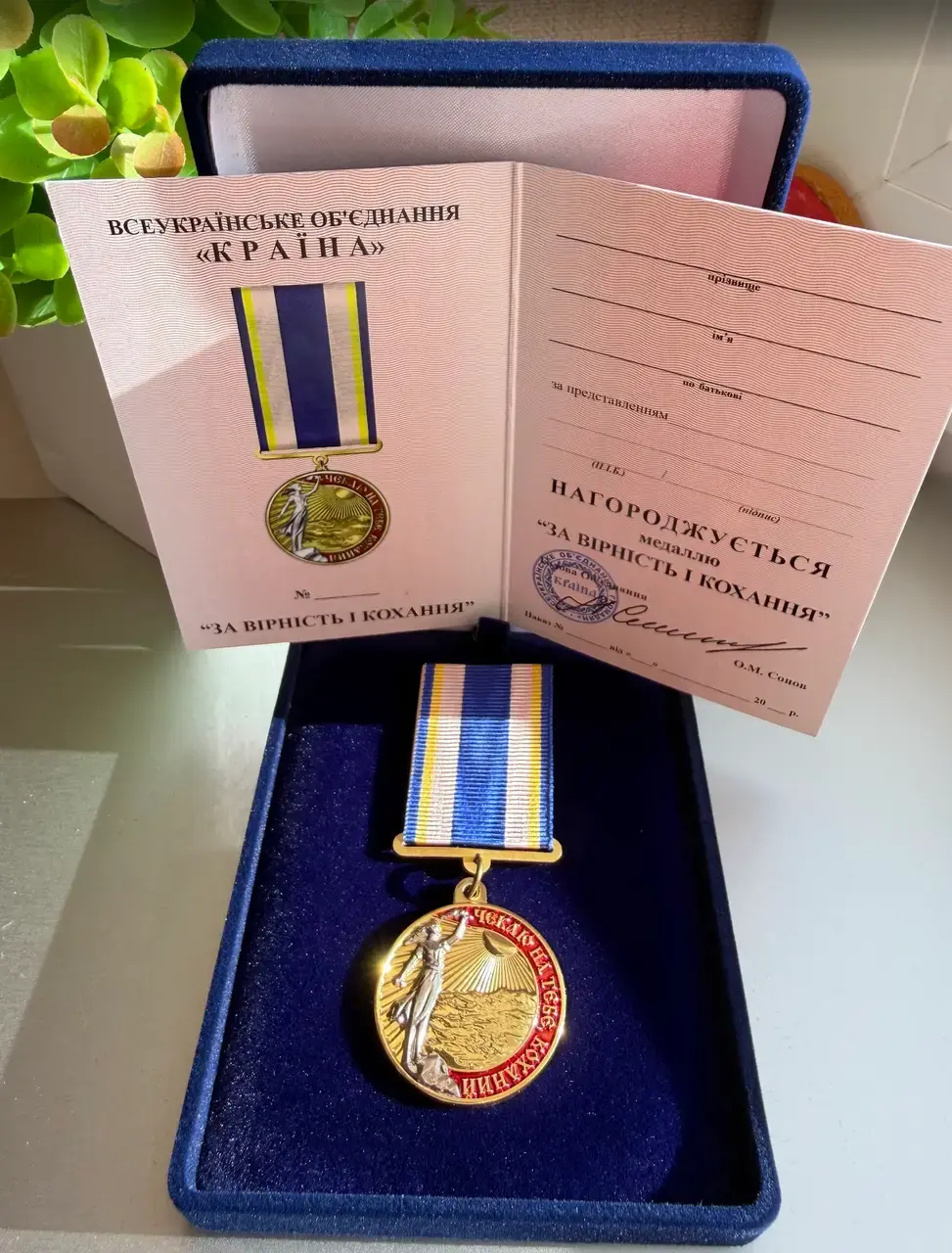 Великий синій футляр із медаллю та посвідченням