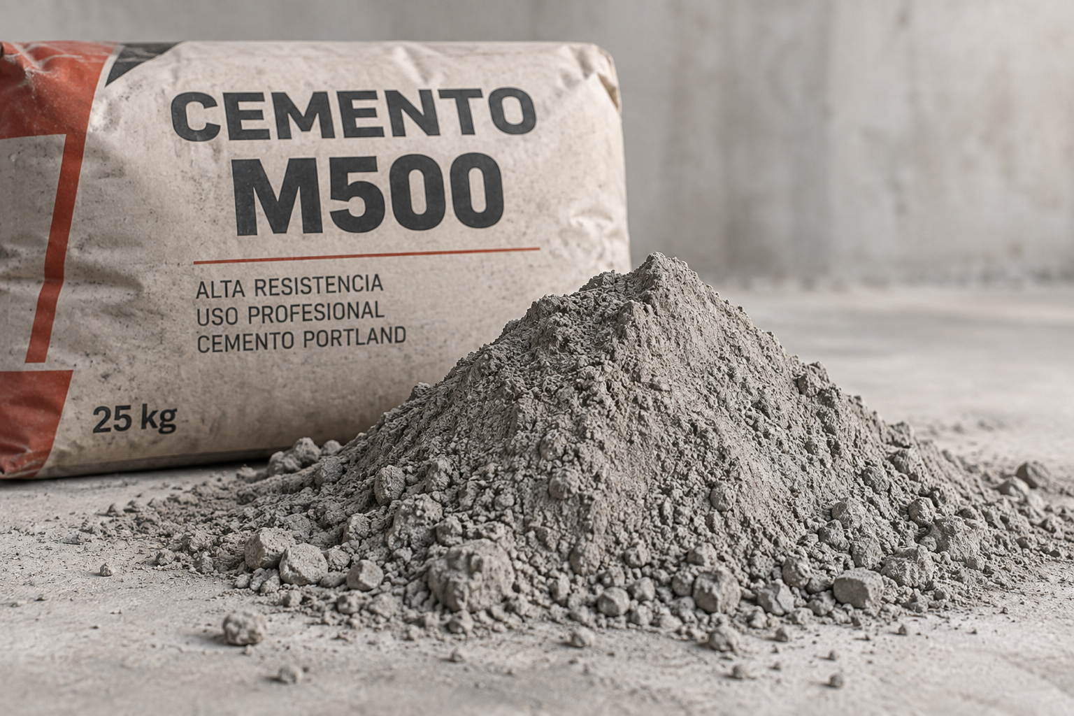 Saco de cemento gris M500 sobre superficie neutra