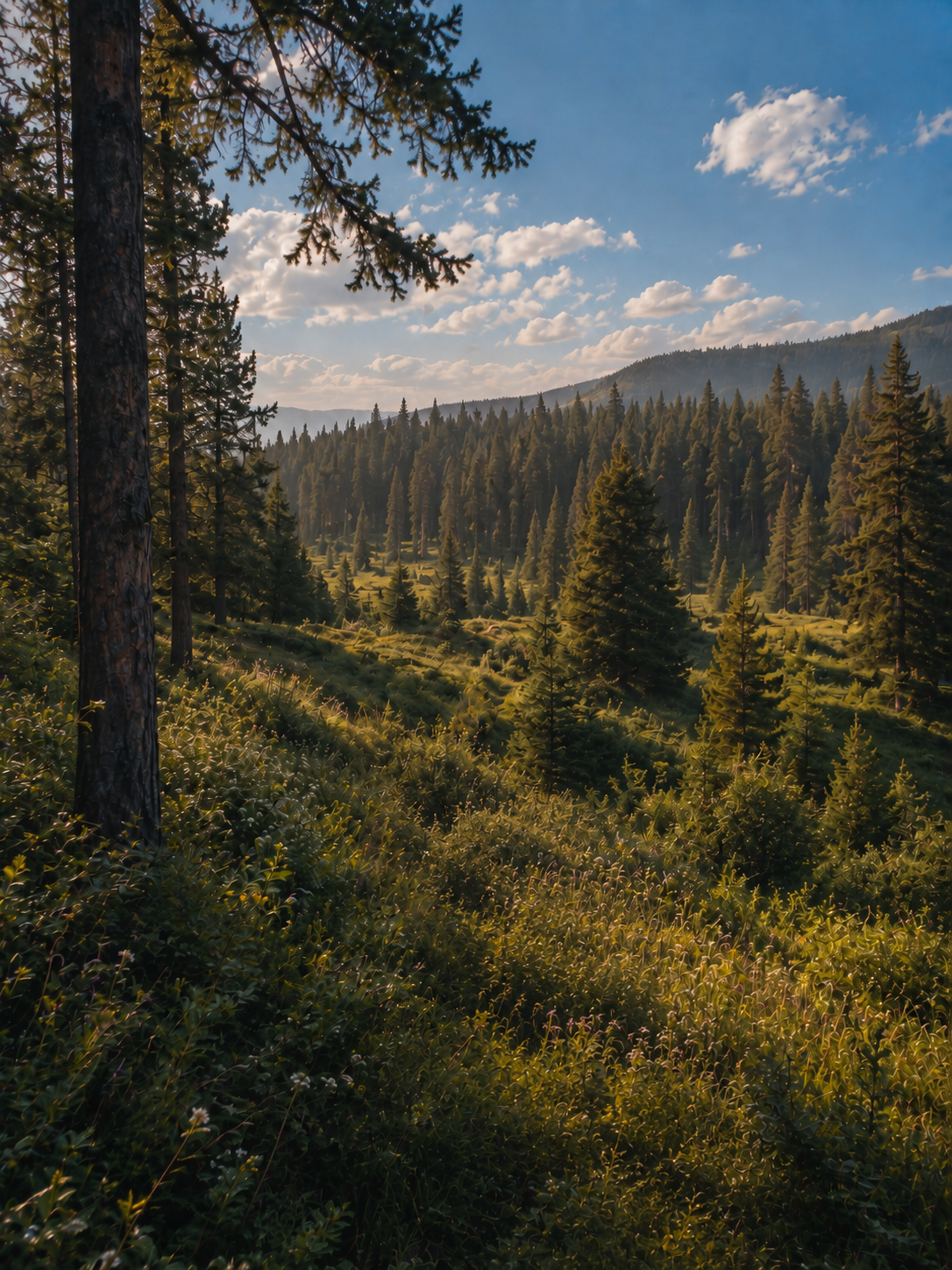 Sunlit forest meadow with tall pine trees and golden light