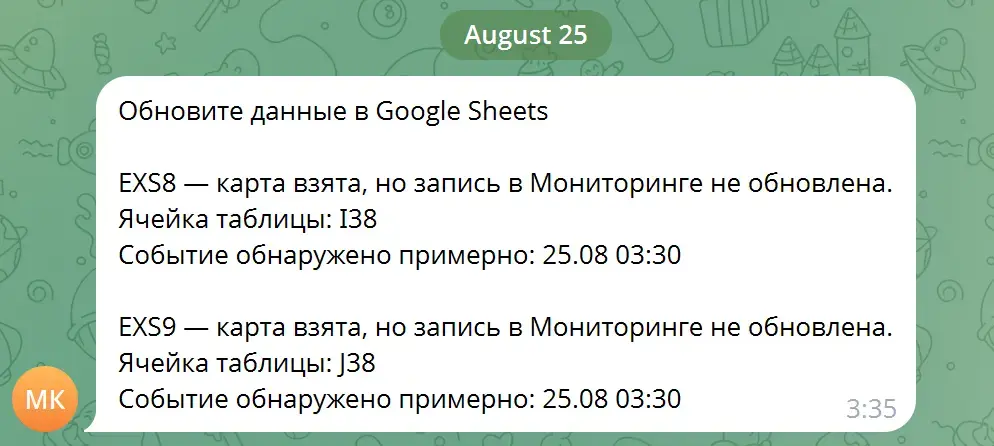 Пример уведомления о том, что запись в Google Таблице не обновлена