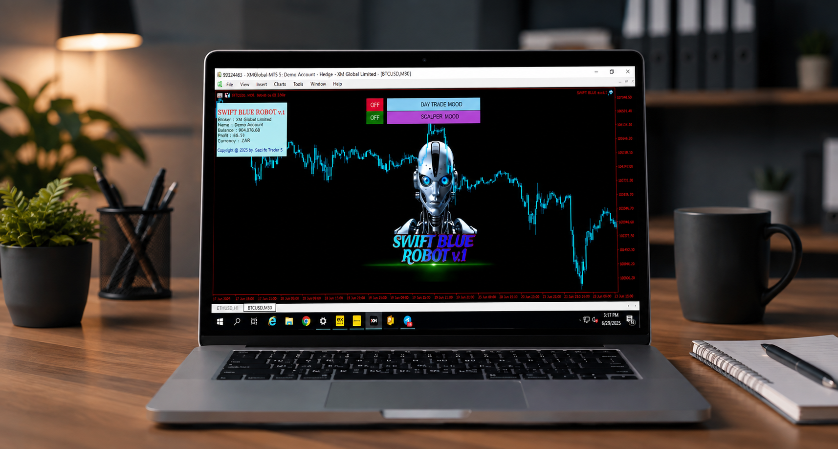 Swift Blue Robot desktop trading interface on laptop