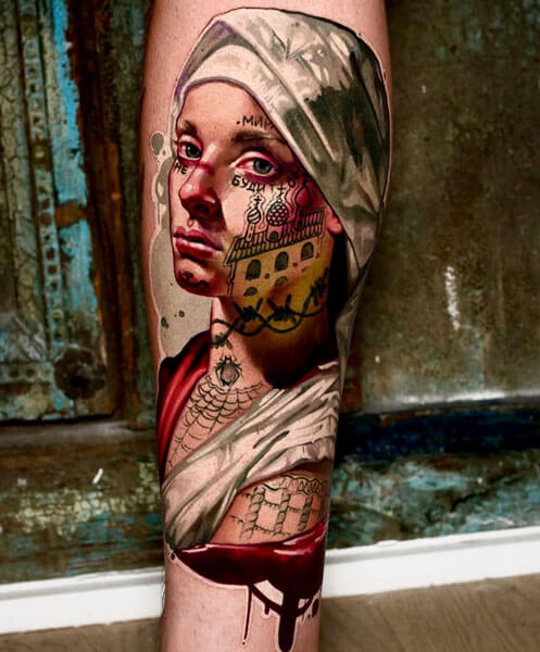 A tattoo artist from Los Angeles; a tattoo featuring a portrait of a nun wearing a headscarf; a prison tattoo on the face featuring Russian text and a church; an architectural pattern on the cheek and red drapery on the forearm; by Andrei Kolbasin, 994