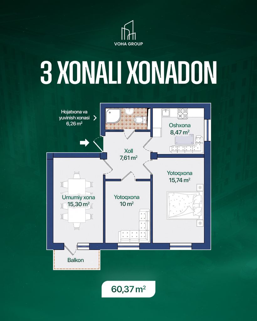 3 xonali xonadon, 60,37 m2