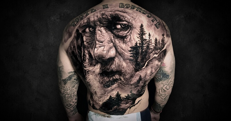 Large Scale tattoo — full back piece with forest landscape