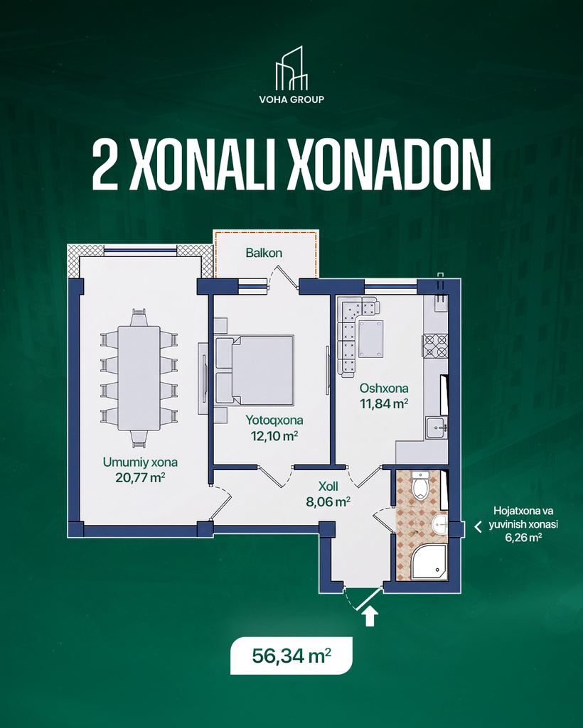 2 xonali xonadon, 56,34 m2