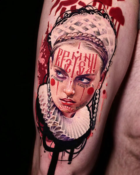 Tattoo artist in Los Angeles, stylized female portrait tattoo with Russian lettering, braided headpiece, blue eyes and red graphic accents on the upper arm, by Andrey Kolbasin, 984