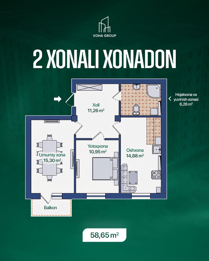 2 xonali xonadon, 58,65 m2