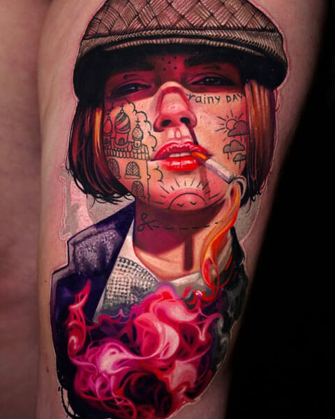A tattoo artist from Los Angeles; a tattoo featuring a portrait of a woman wearing a cap and holding a cigarette with bright smoke, along with Russian prison tattoos and bright smoke; by Andrei Kolbasin, 987