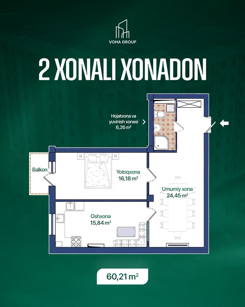 2 xonali xonadon, 60,21 m2