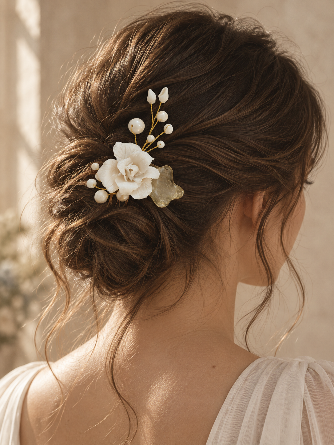 Ivory floral hair comb worn in a loose hairstyle