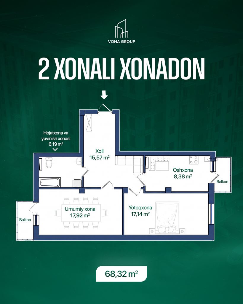 2 xonali xonadon, 68,32 m2