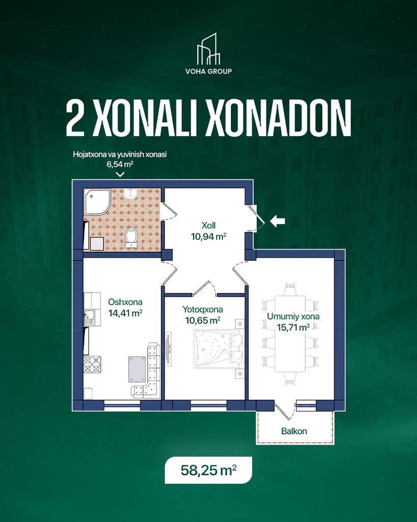 2 xonali xonadon, 58,25 m2