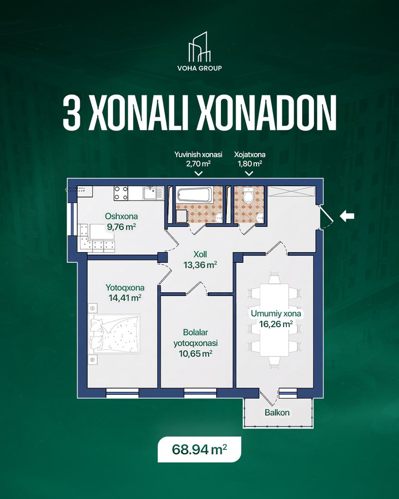 3 xonali xonadon, 68,94 m2