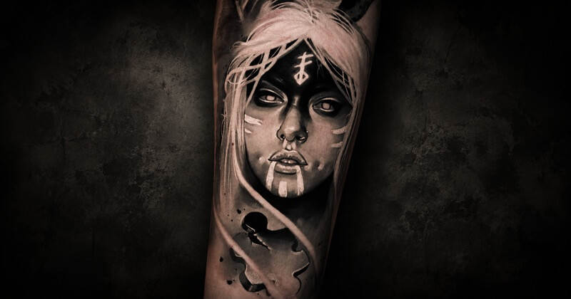Black and Grey tattoo — shamanic female figure