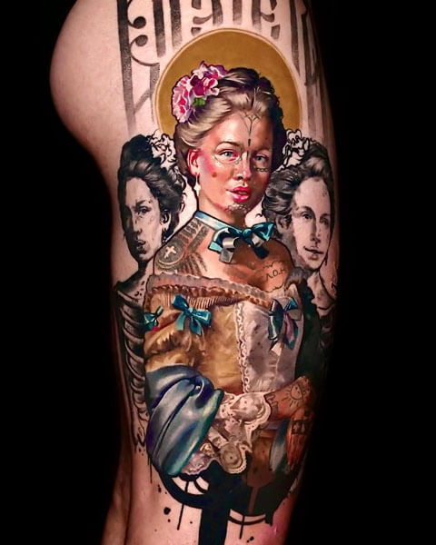 Tattoo artist in Los Angeles, vintage female portrait tattoo with floral hairpiece, blue ribbon details, warm realistic skin tones and two monochrome female portraits in the background on the upper arm, by Andrey Kolbasin, 990