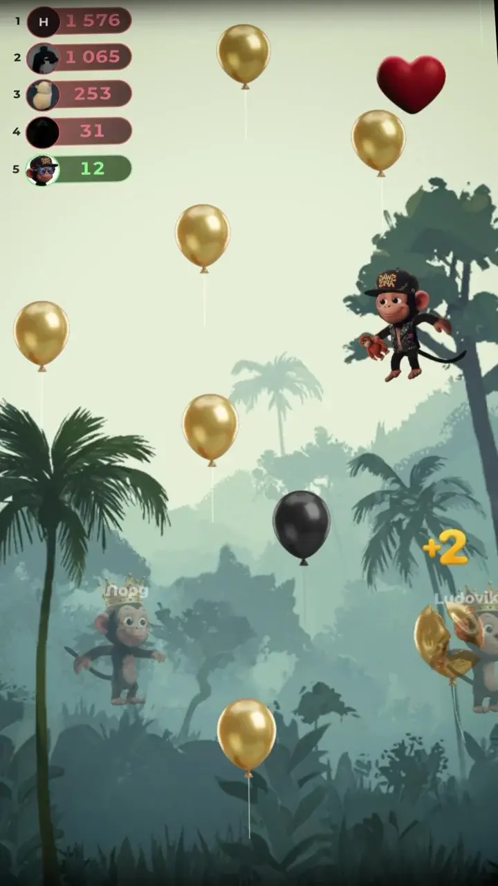 Кадр игрового процесса Monkey Chain: Arena: обезьяна прыгает между воздушными шарами в джунглях