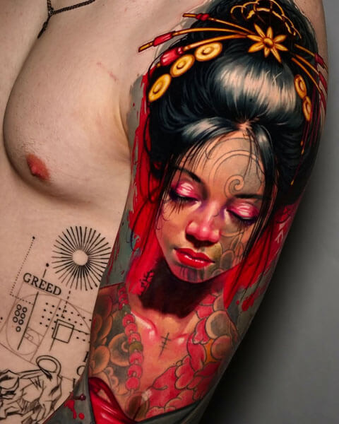 A tattoo artist from Los Angeles; a tattoo depicting an Asian woman with exquisite hair ornaments, her eyes closed, wearing a red dress and with facial tattoos on her shoulder; by Andrei Kolbasin, 995