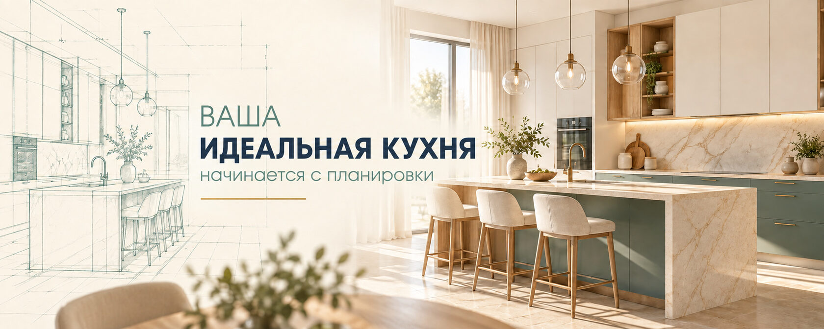 Светлая кухня с мраморной столешницей и островом