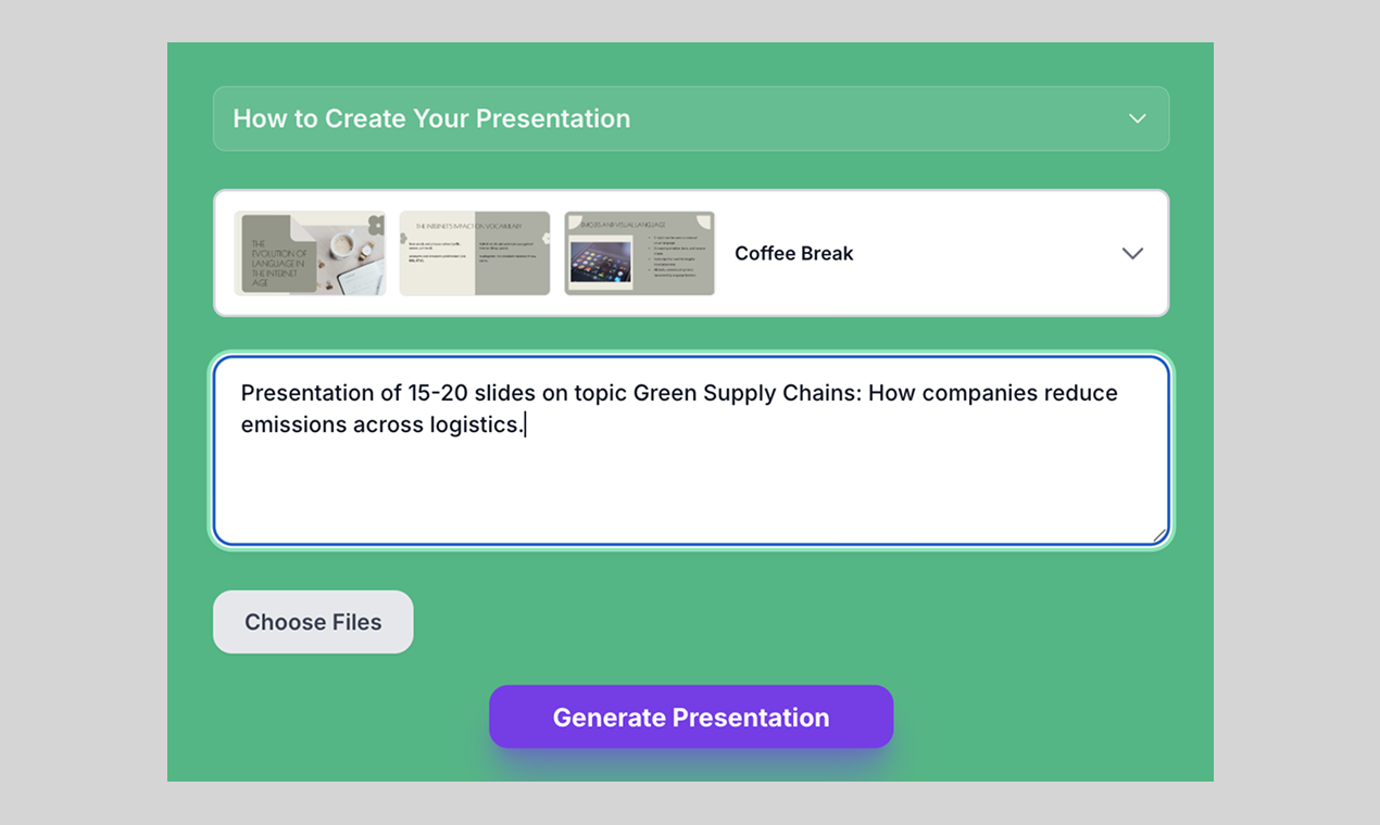 The Preza side panel in Chrome: a template picker, a text field with a presentation topic, a Choose Files button and a Generate Presentation button