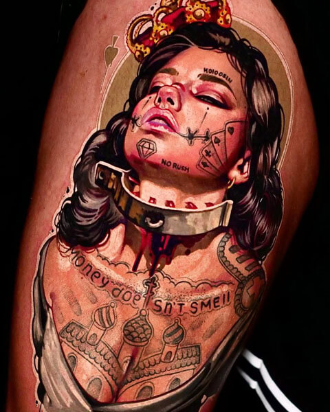 A tattoo artist from Los Angeles; a tattoo featuring a portrait of a woman in shackles, Russian prison tattoos, a golden crown, a metal ring around her neck, and dripping blood effects on her torso; by Andrei Kolbasin, 986