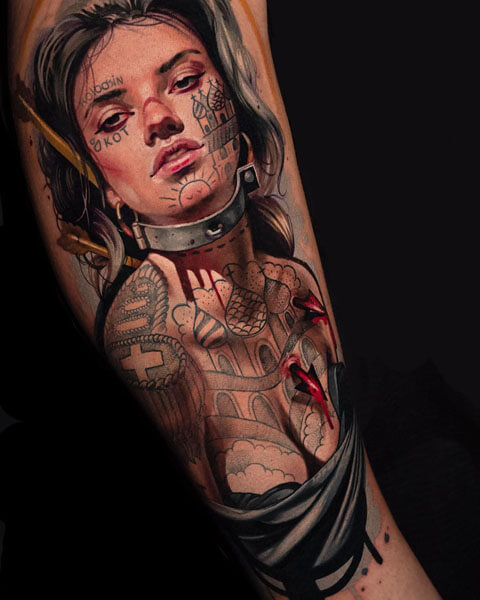 A tattoo artist from Los Angeles; a tattoo featuring a portrait of a woman with shackles around her neck and arrows piercing her heart, in the style of Russian prison tattoos; by Andrei Kolbasin, 988