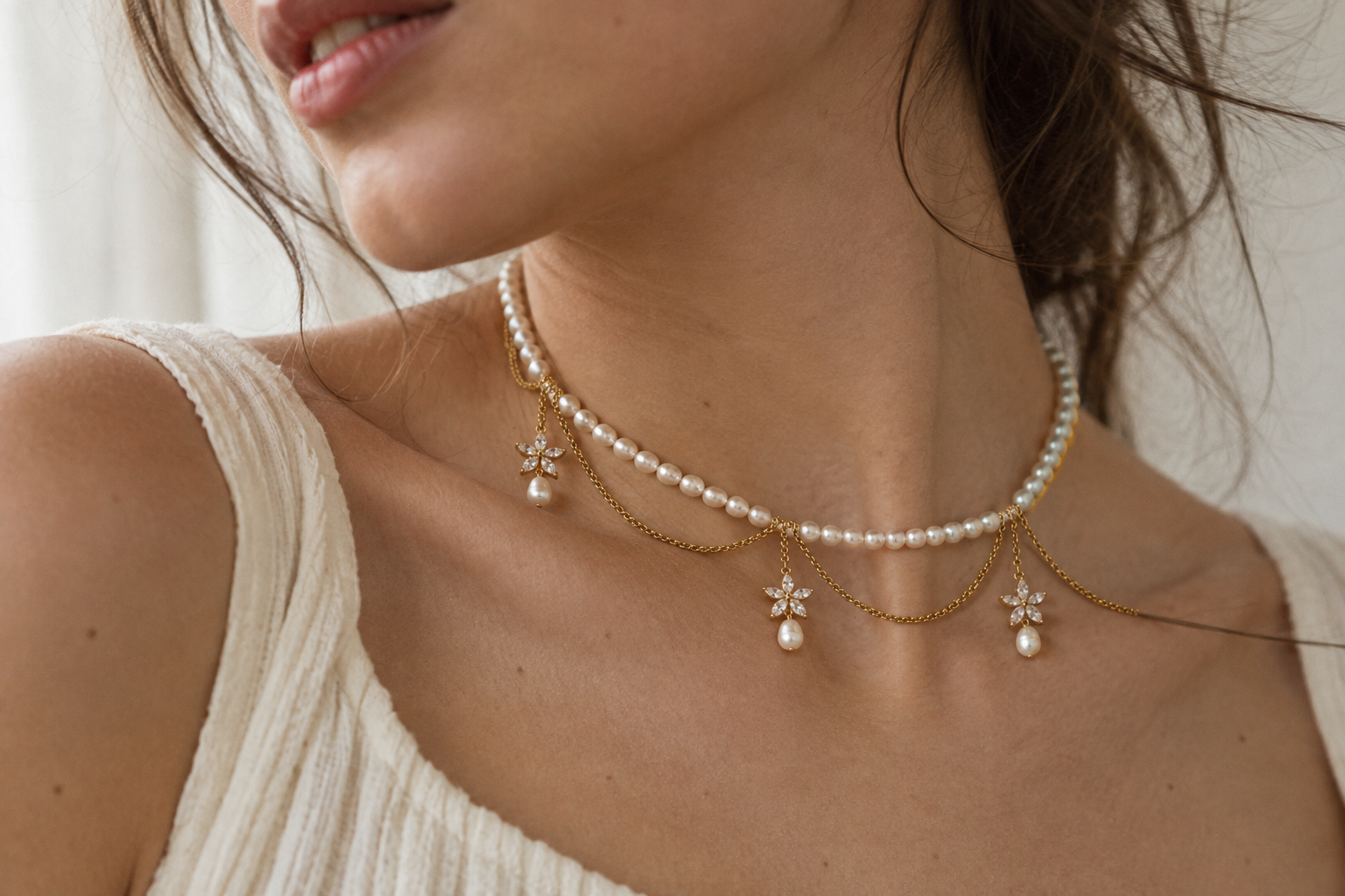 Pearl and gold flower necklace worn at the neck