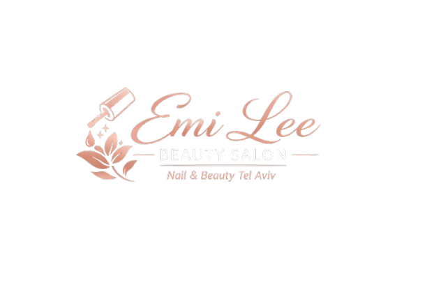 "Logo of Emi Lee Beauty Salon, featuring elegant rose gold text 'Emi Lee' with 'BEAUTY SALON' in white below and 'Nail &amp; Beauty Tel Aviv' underneath. A minimalist rose gold nail polish bottle pours onto a small flower icon on the left, all set on a black background."