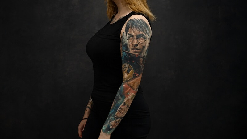 Full sleeves tattoo — Harry Potter themed color sleeve