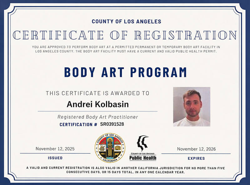 Los Angeles County Body Art Registration certificate