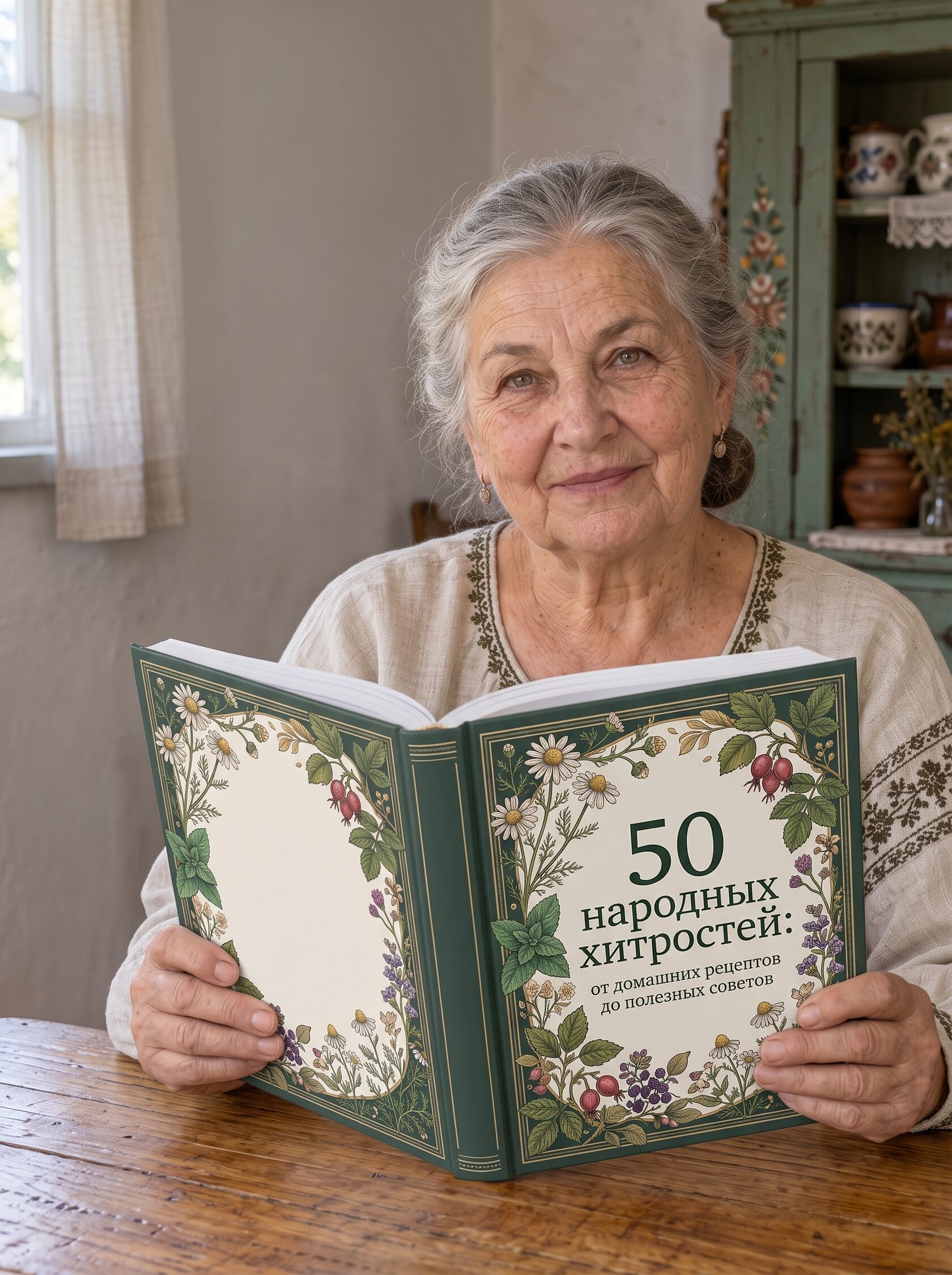 Травница Аксинья с книгой «50 народных хитростей»