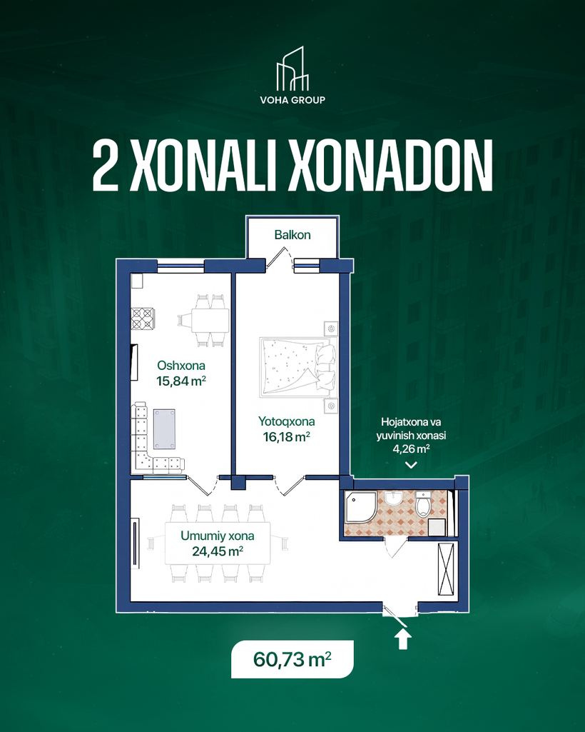 2 xonali xonadon, 60,73 m2