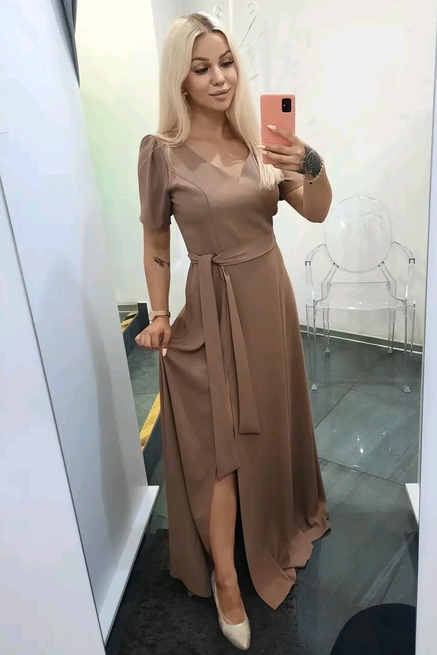 Платье RUBI MAXI, тауп, пояс и рукав-фонарик