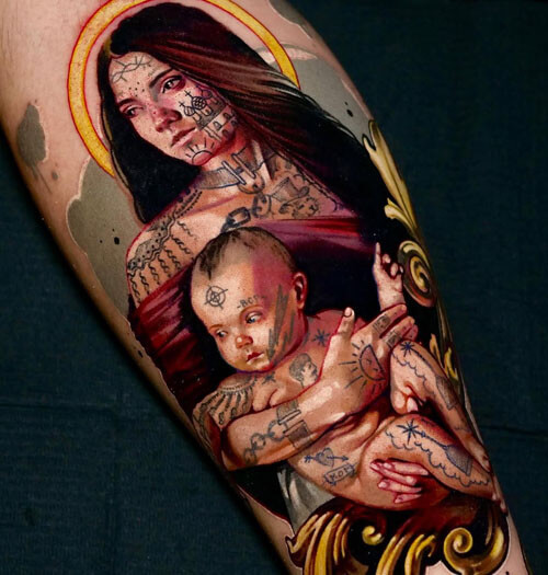 A tattoo artist from Los Angeles; a tattoo depicting a mother and child in a halo, in the style of an icon, with prison tattoos on the face, red drapery and folded hands covering a second face on the shoulder; by Andrei Kolbasin, 992