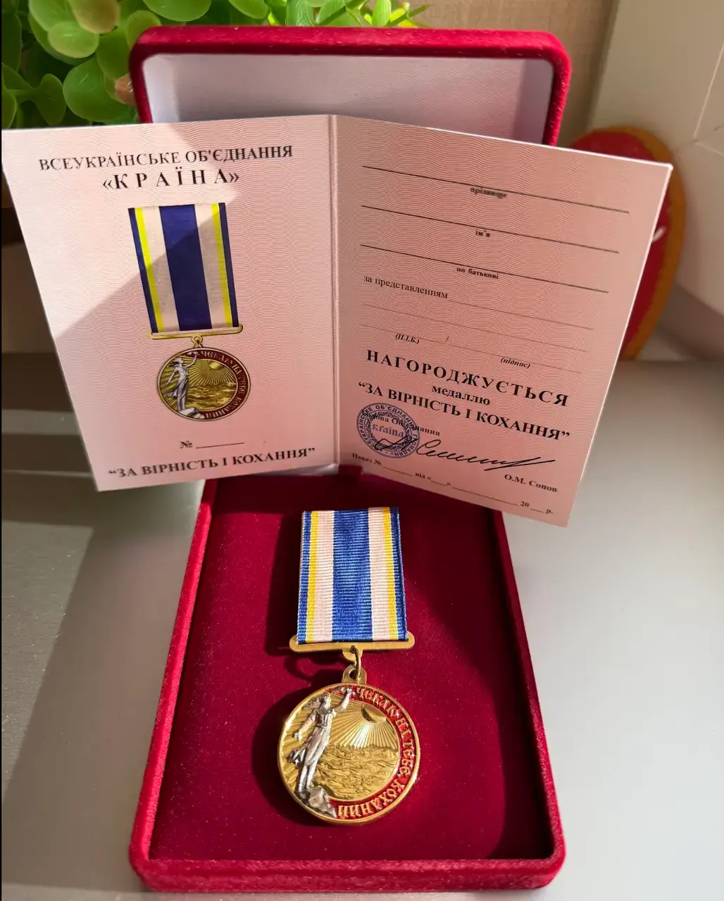Великий червоний футляр із медаллю та посвідченням
