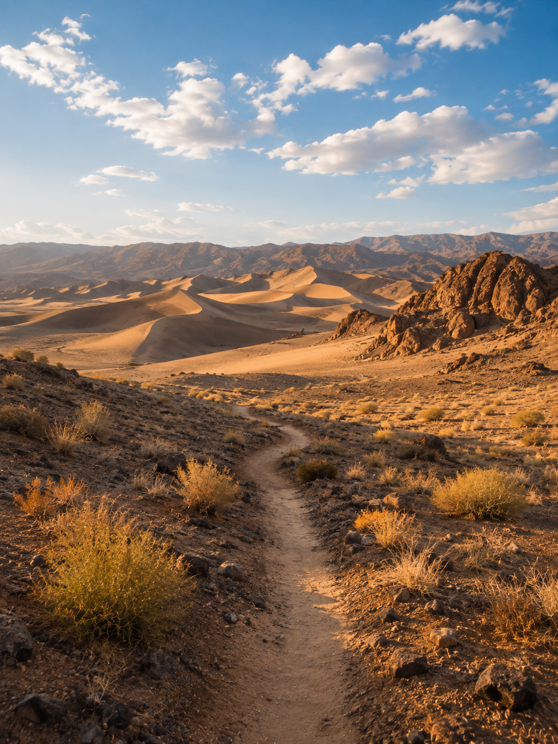 Golden desert dunes and rocky landscape under blue sky