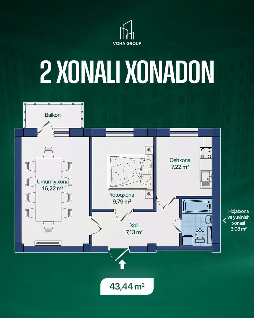 2 xonali xonadon, 43,44 m2