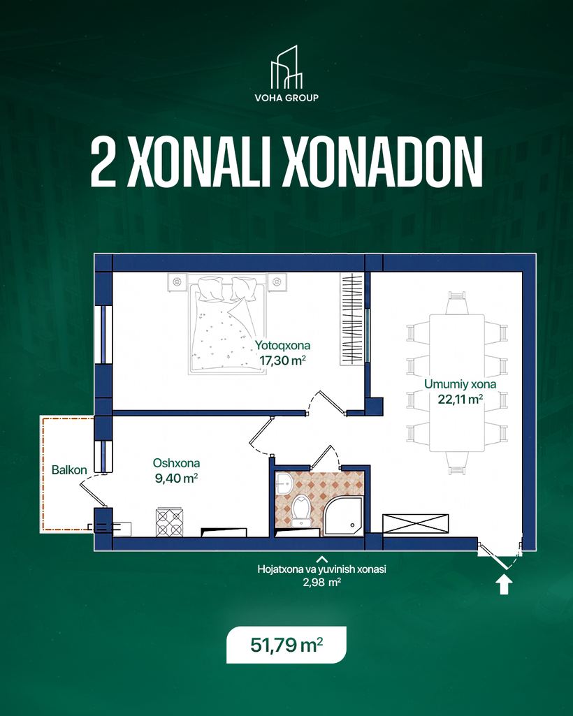 2 xonali xonadon, 51,79 m2